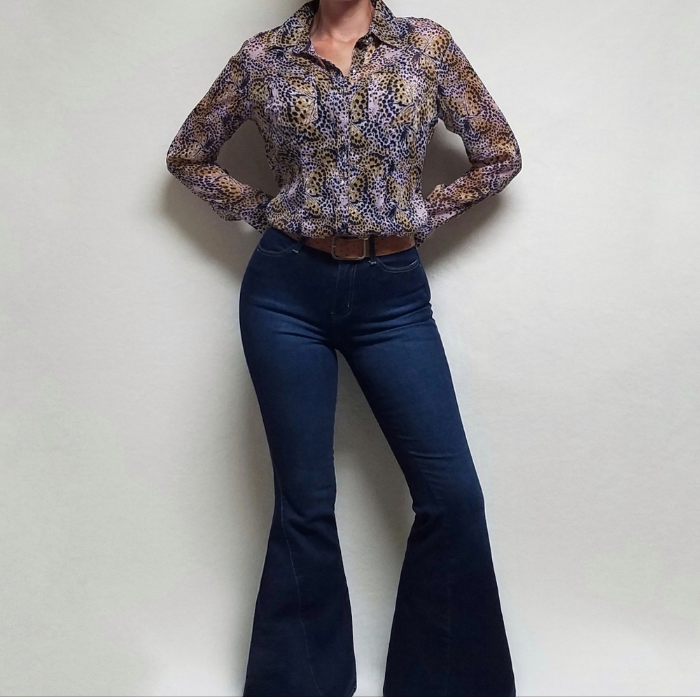 Vintage Cumberland Outfitters Leopard Butterfly Print Button Up Chiffon Blouse M - Picture 2 of 14